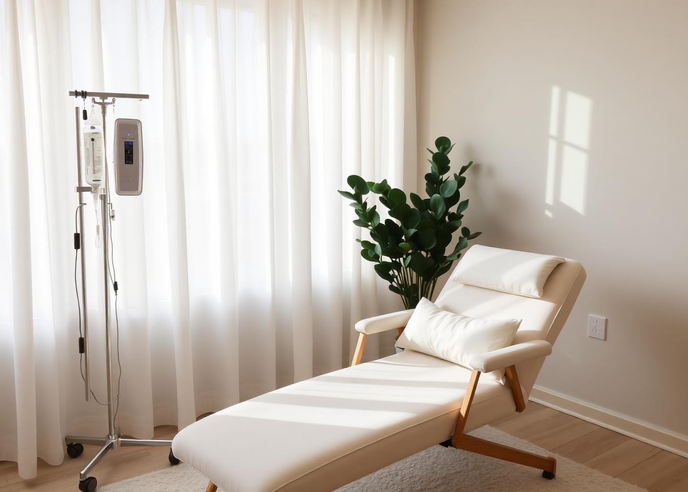 A clinician preparing hydration therapy in a calm, softly lit private room